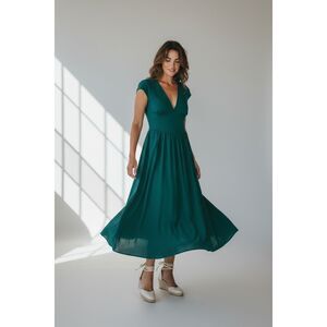 Green Cap Sleeve Midi Dress with V-Neck & Tie Back Waist – Flowy A-Line Fit NEW